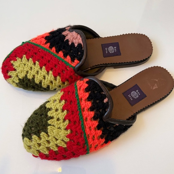 Res Ipsa Handmade Crochet Wool Leather Slides Mules Flats Unisex M 9 W 10.5 - Picture 2 of 6